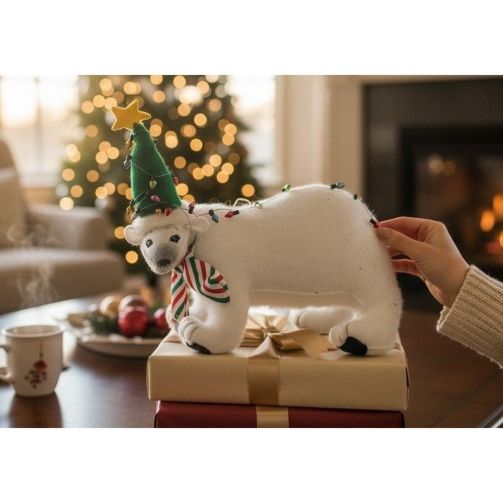 Annalee 2011 Christmas Polar Bear Figurine with Tree Hat and Lights 7.5 Inch